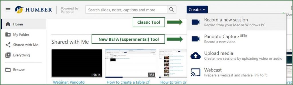 Record a new session is the classic tool that faculty are familiar with. Panopto Capture (BETA) is the new experimental tool.