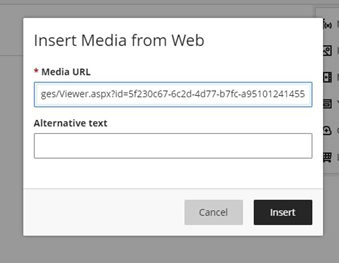 A screenshot of the "Insert Media from Web" modal within Ultra, where a URL has been pasted into the Media URL Field.