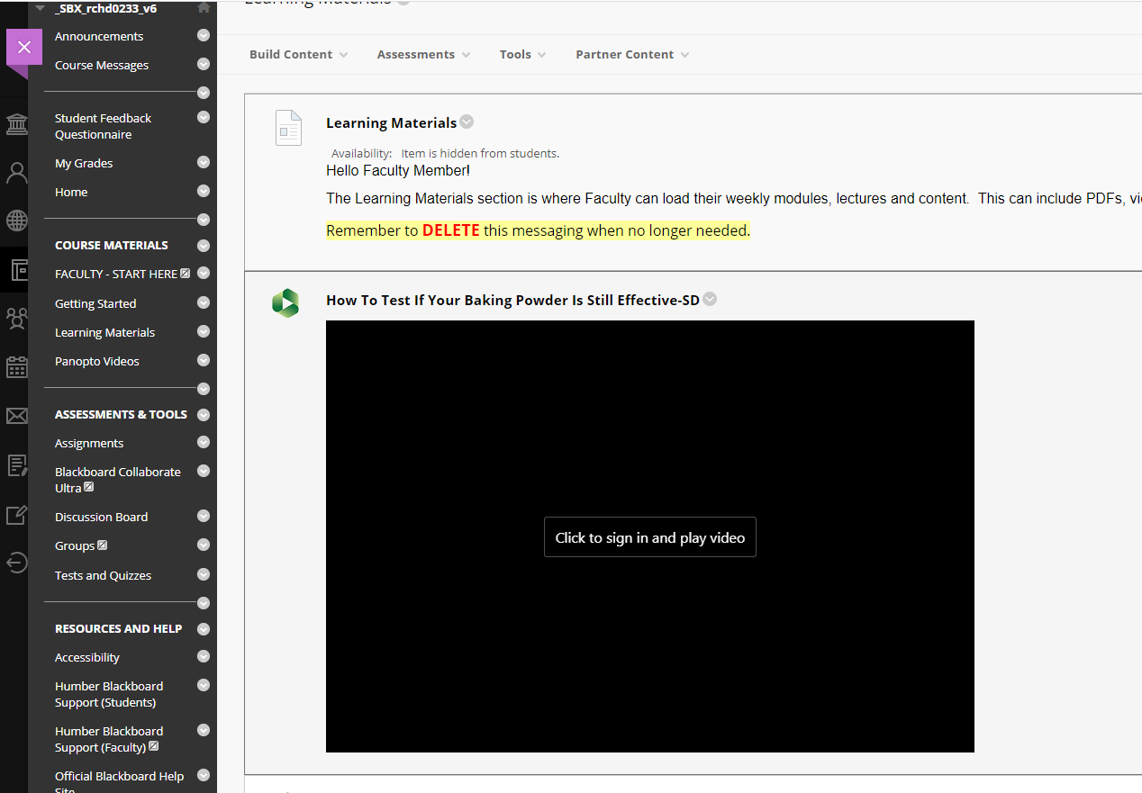 A screenshot of a Panopto embed within Blackboard. The embed shows a dark/black screen with a button that indicates "Click to sign in and paly video"