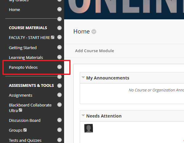 Screenshot of Blackboard with a red box surrounding Panopto Videos on the left side course menu bar