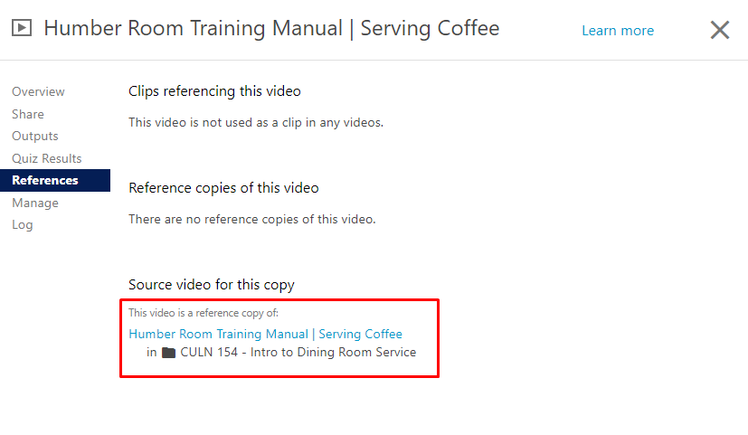 A screenshot of a video's settings, with the tab set to "References" and the "Source Video for this copy" highlighted.