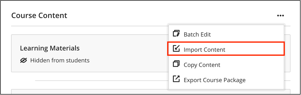 A screenshot of the Import Content button highlighted within the Course Content ellipses button.