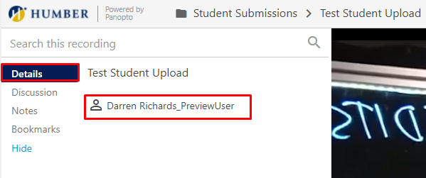 A screenshot of the Details tab within a video, highlighted the name of the student who submitted the video.